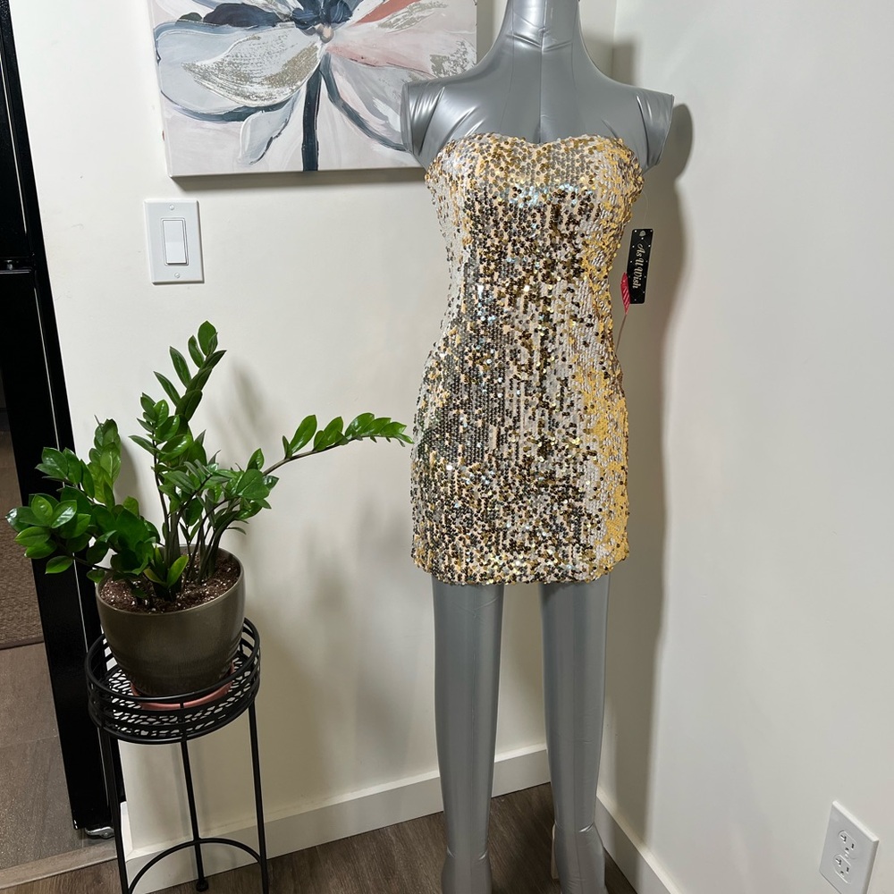 Gold and Silver Sequin Strapless Dress